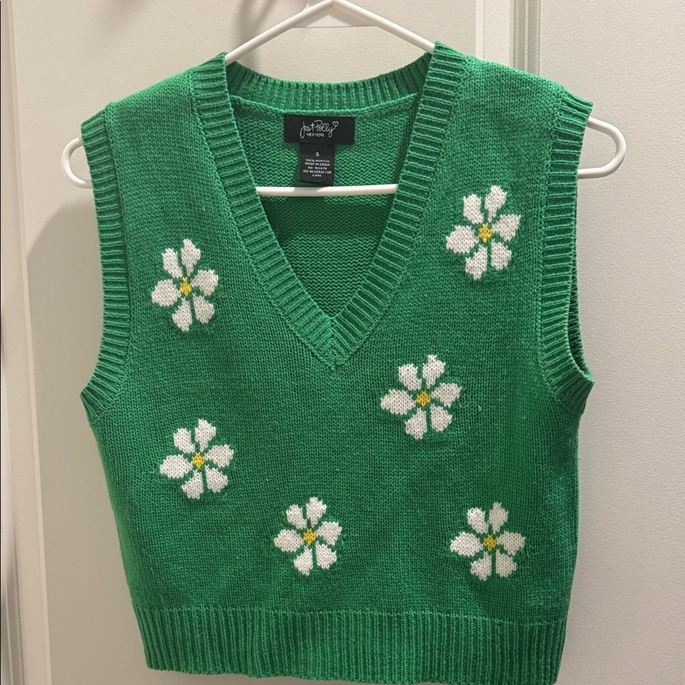 Green Floral daisies V-Neck Sweater Vest Small
